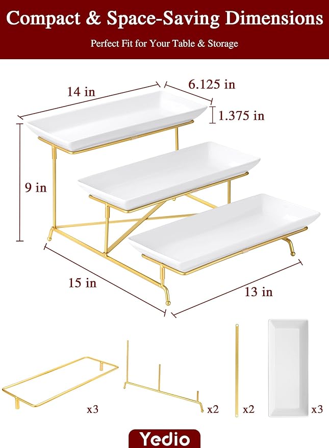 3 Tier Serving Tray Set 14 Inch Porcelain Tiered Serving Platters, Collapsible Sturdier Stand with Stable Cross Bars, Three Layer Serving for Party Entertaining Food Display Fruit Dessert