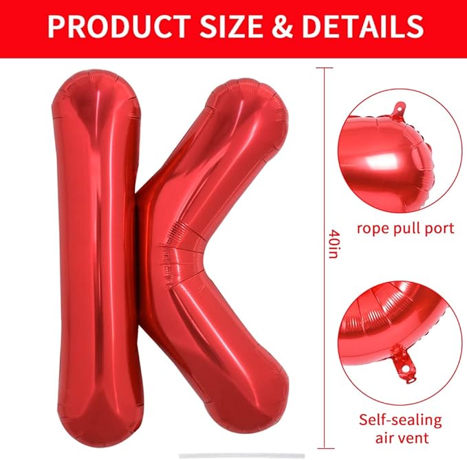 TONIFUL 40 Inch Large Bright Red Letter Balloons A-Z, Giant Jumbo Helium Foil Mylar Big Letter K Balloons for Birthday Party Anniversary Wedding Decorations