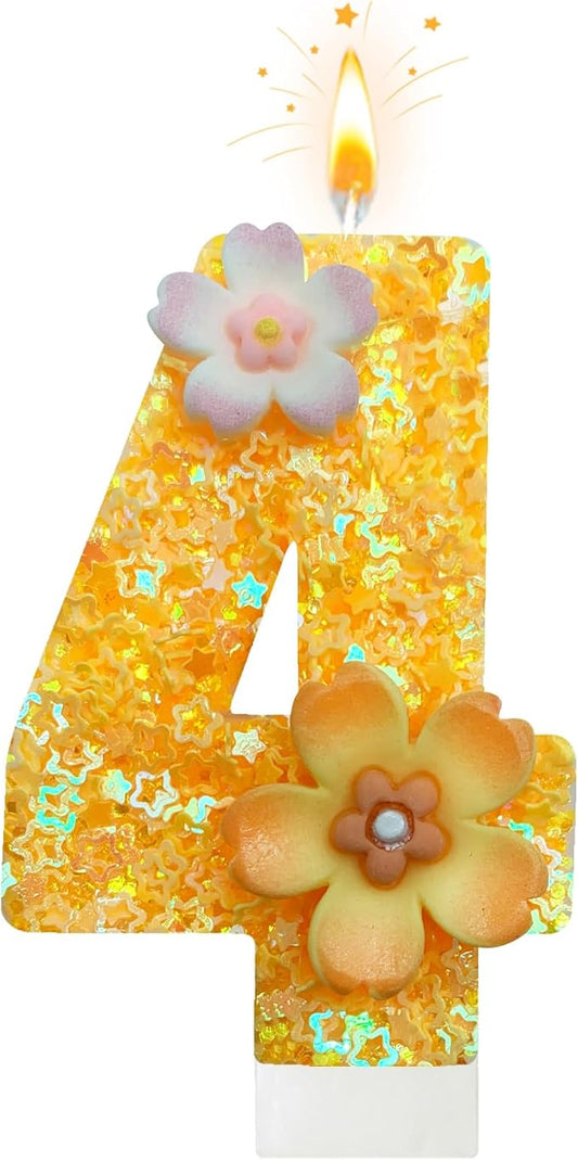 Yellow Birthday Candle, Flower Number Birthday Candles for Cake, Ideal Birthday Parties Cake Decor, Wedding Anniversary and Other Celebrations (4 Candle, Yellow)