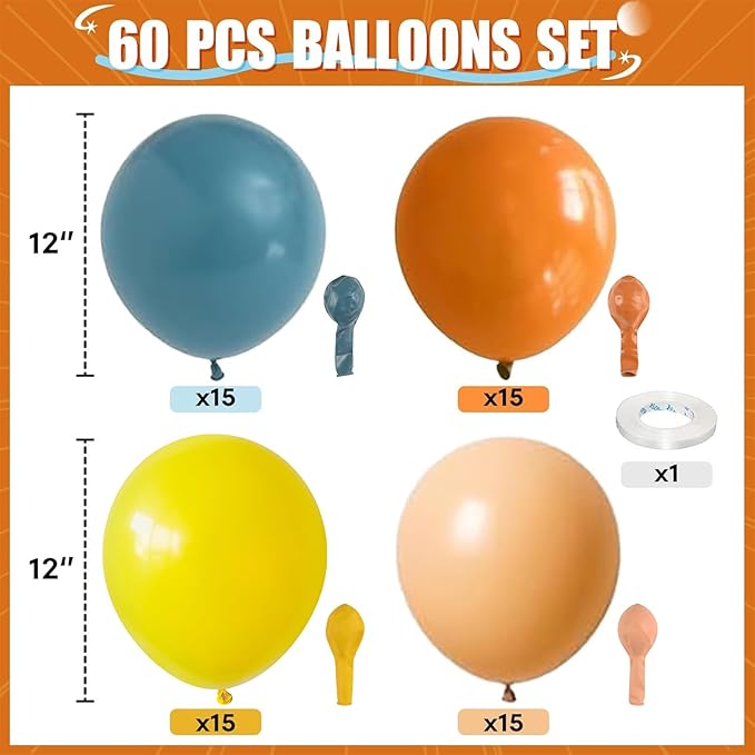 HILAVO Retro Blue Yellow and Orange Balloons, 60PCS 12 Inch Slate Blue Burnt Orange Mustard Yellow Balloons for Here Comes the Son Baby Shower Kids Birthday Party Boho Party Decorations