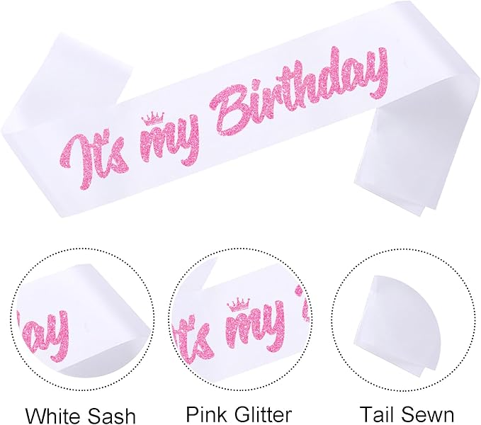 It's My Birthday Sash White with Glitter Pink Letters Happy Birthday Sash for Women Girl Bday Gift Ideas Party Favors