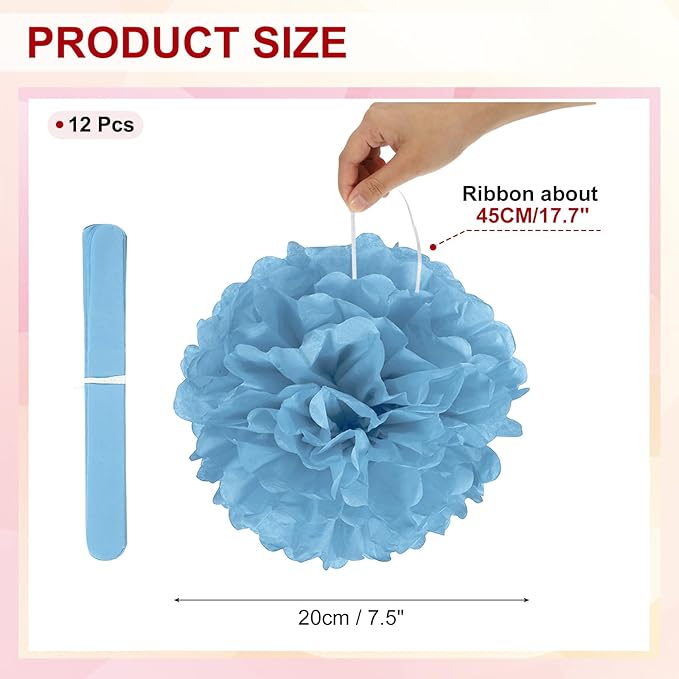 PATIKIL 8inch Tissue Paper Pom Poms, 12PCS Pom Poms Paper Flowers Ball Tissue Paper Flowers for Wedding Bridal Shower Birthday Bachelorette Party Backdrop Decoration, Lake Blue