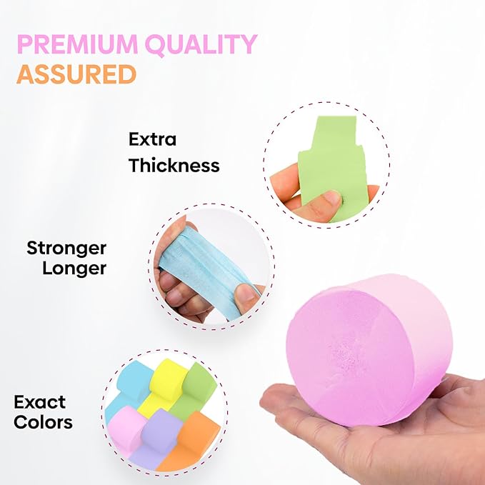 6 Pastel Streamers, 492 ft Pack of Pastel Birthday Decorations, Rainbow Party Decorations, Backdrop Party Supplies for Wedding Decor (1.8 inch x 82 ft/Roll)