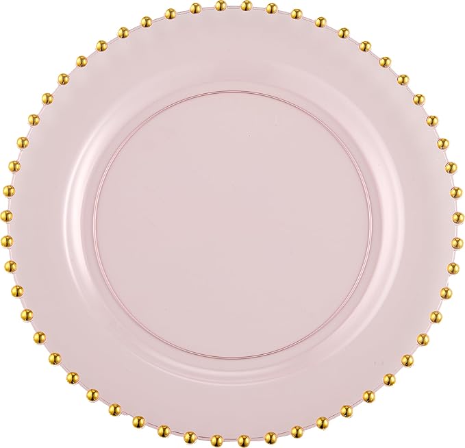 PLASTICPRO 32 Piece Combo Plastic Dinner Plates Disposable Plastic Fancy Heavy Duty Party Dishes 7 inch and 10 inch, Translucent Pink and Gold Beaded