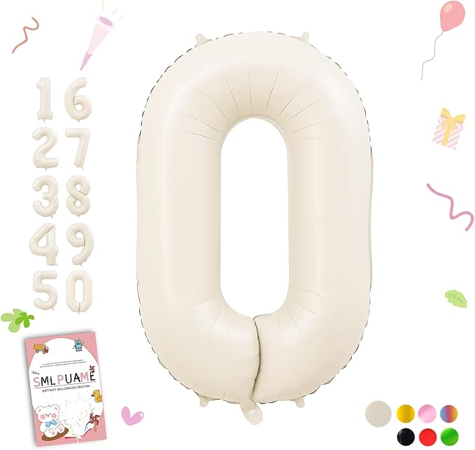 40 Inch Cream Number Balloons 0-9, Giant Self-Sealing Beige Foil Number 0 White Sand Digit Helium Balloon for Boys Girls Women Men Party Anniversary Supplies Decorations