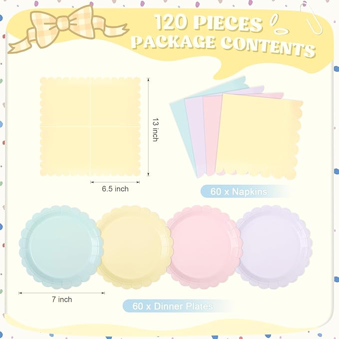 120 Pcs Pastel Paper Plates and Napkins Pastel Rainbow Party Supplies Bulk Disposable 7 Inch Scalloped Plates Cocktail Napkins for Colored Easter Wedding Bridal Baby Shower Birthday, Serve 60