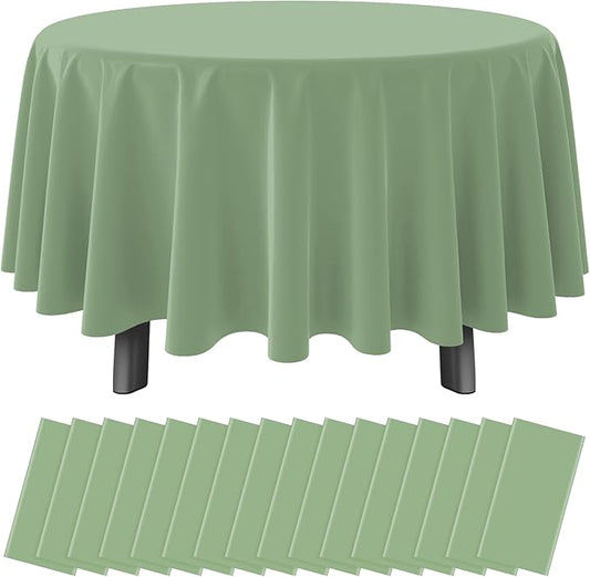 Ragnhild 16 Pack Sage Green Plastic Tablecloths for Round Tables, Premium Decorative Sage Disposable Table Covers for Parties, Round Party Table Cover for Birthday Wedding Baby Shower Party, 84 Inch