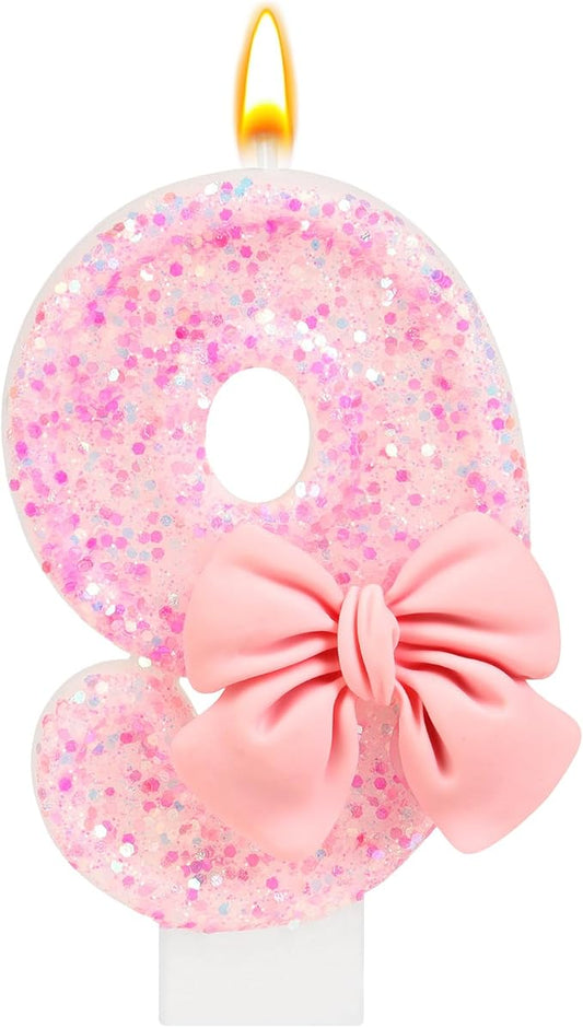 Number 9 Birthday Candle, Pink Bow Birthday Candles, Glitter Candle Cake Topper, Happy Birthday Cake Decoration Gifts, Anniversary Party Supplies for Girl
