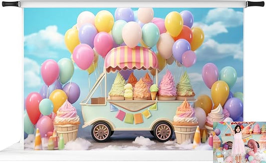 Kate Summer Ice Cream Car Balloon Backdrop Kids Birthday Party Decoration Photography Background 10x6.5ft