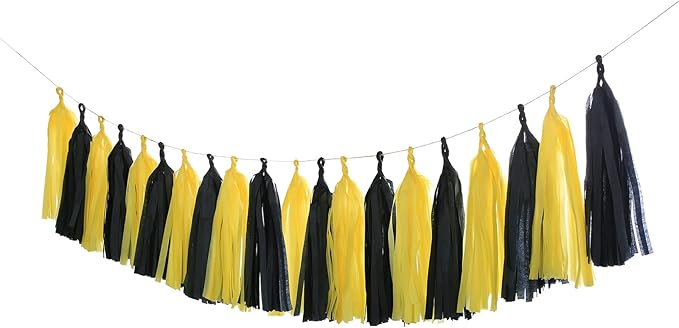 Guzon 20pcs Yellow Black Tissue Paper Tassel Garland DIY Hanging Paper Decorations for for Bee Day Party Batman Birthday Graduation Baby Shower