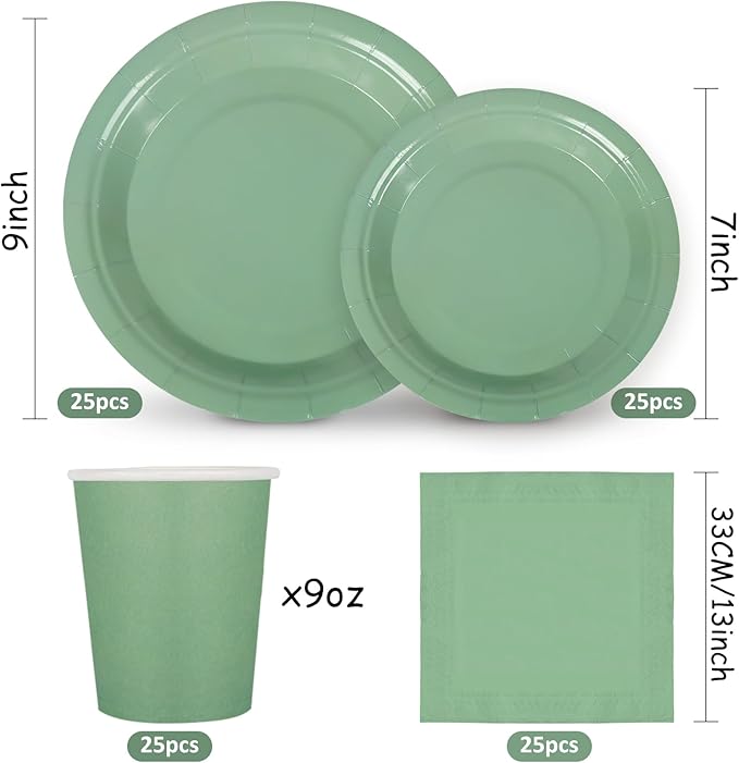 Whaline 100Pcs Sage Green Tableware Set Wedding Disposable Dinnerware Set 50 Paper Plates 25 Napkin 25 Cups for Wedding Birthday Bride Baby Shower Party Supplies Table Decorations