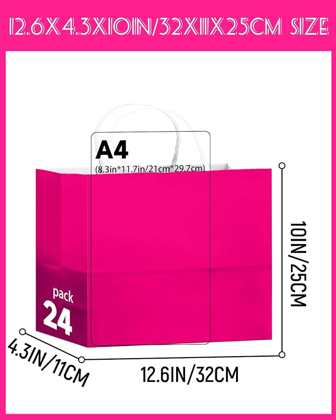 qiqee 24PCS Large Gift Bag with Handles Bulk 13"x4.5"x10" Gift Bags Rose Pink Bags Multiple Uses (32x11x25cm,Wide Large)