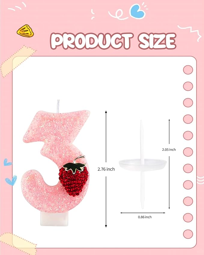 Birthday Candles for Cake, Pink Number Candles, Cake Candles with Greeting Card for Birthday Party Wedding Anniversary Celebrations (Strawberry 3 Candle)