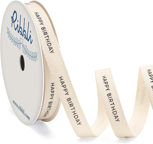 Ribbli Birthday Cotton Ribbon Natural Twill Tape Cotton with Black Happy Birthday Farmhouse Ribbon Use for Gift Wrapping Baking Crafts Home Decor-3/8 Inch x 10 Yard