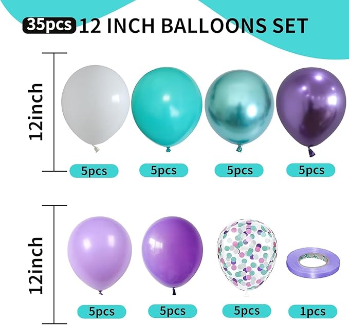 Mermaid Balloon, 12 Inch Mermaid Theme Balloon, Metallic Purple Green Party Balloons, Teal Green Purple and White Balloons with Confetti for Mermaid Party Girls Birthday baby shower Decoration