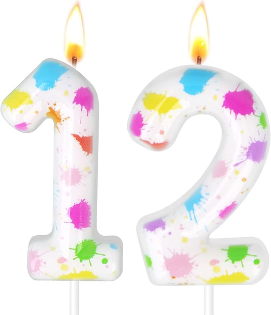 Paint Birthday Candles, Art Paint Party Decoration Supplies, Birthday Number Candles for Cake Topper (Multicolour, Number 12)