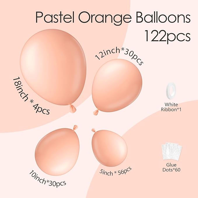 120pcs Peach Balloons, 18 12 10 5 inch Light Orange Balloons Different Sizes Pastel Orange Balloon Arch Kit for Wedding Bridal Shower Baby Shower Birthday Party Decorations
