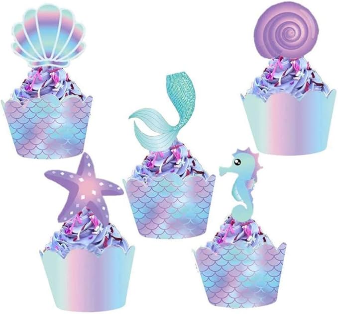120 Pcs Mermaid Cupcake Wrappers Toppers, Include 60 Cake Topper and 60 Wrappers Double Side, Little Mermaid Theme Decoration Under The Sea Birthday Baby Shower Party Favor
