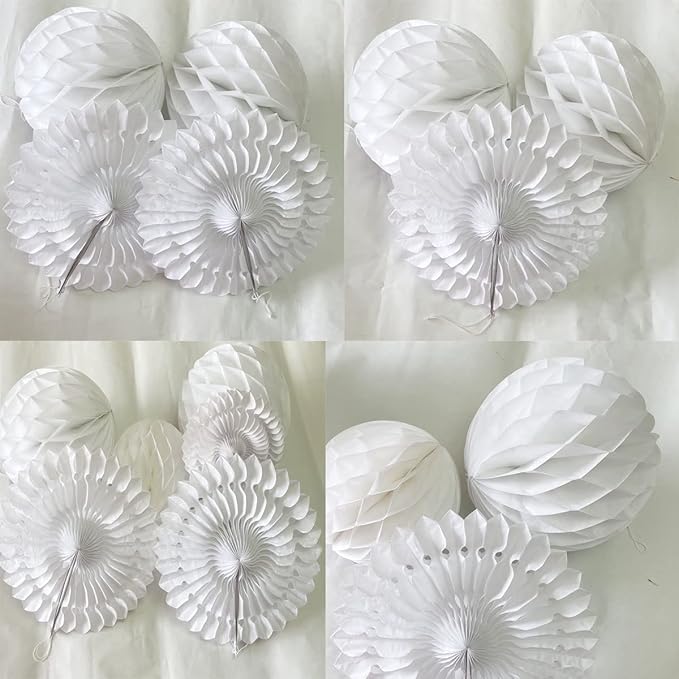 12pcs White Honeycomb Balls Tissue Paper Fans Party Honeycomb Ball Fans wall Decorations Tissue Pom Poms Flower Balls Hanging Paper Fans For Party Baby Shower Birthday Wedding Nursery Decor(white kit)