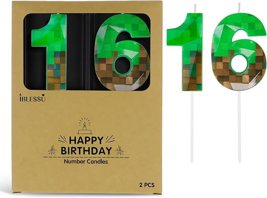 Pixel Birthday Candle, 2.68 Inch Miner Number Candles, Game Themed Candle Birthday Decoration for Pixel Theme Birthday Anniversary Dynamite Video Game Party (Green, 16)