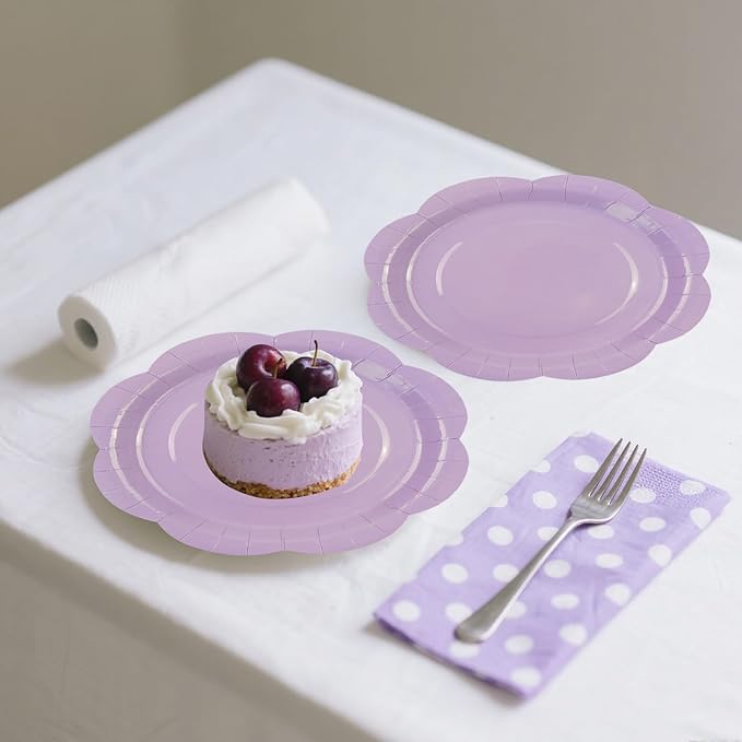 30 Pack Light Purple Paper Plates 9 Inch, Disposable Scalloped Plates Cake Dessert Plate for Dinner Baby Shower Wedding Bridal Shower Birthday Party Supplies (Light Purple, 9 inch)