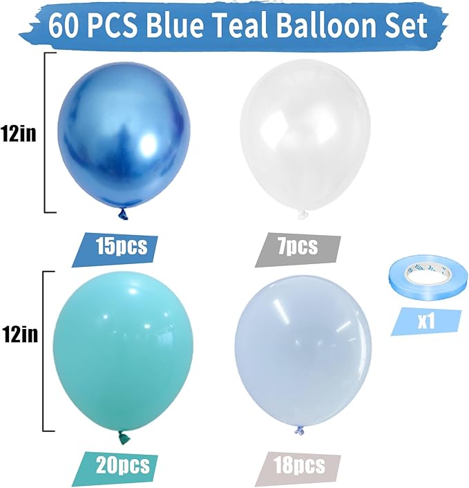 Teal Blue Balloons, 60 PCS Turquoise Blue Balloons with Transparent Metallic Blue Balloon, Pastel Baby Blue Pearl Teal Balloon for Ocean Shark Sea Beach Mermaid Theme Party Decorations