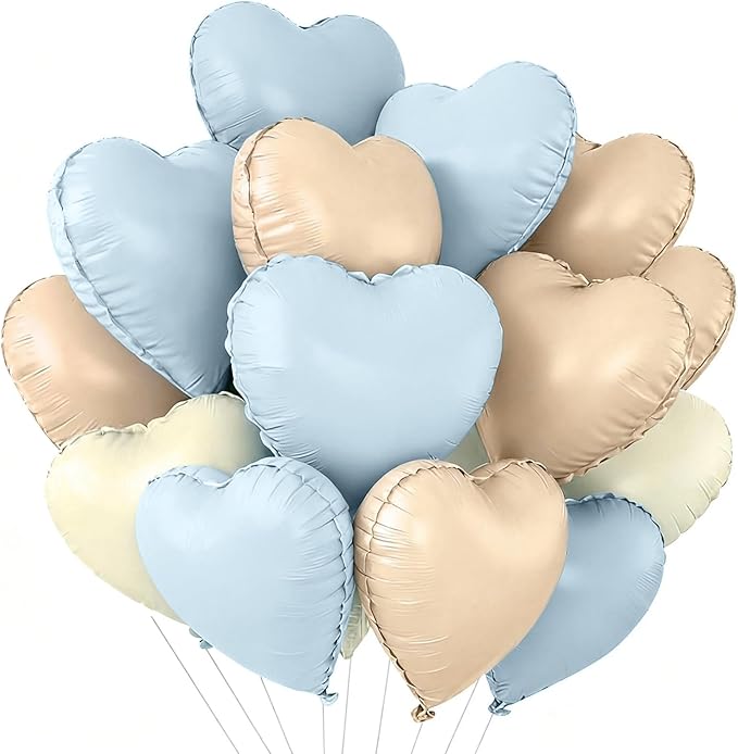 TONIFUL 30Pcs 18 Inch Light Blue Cream White Caramel Balloons Heart Shape Foil Mylar Banners Decoration for Birthday Valentine's Day Wedding Bridal Shower Anniversary Engagement Party Supplies