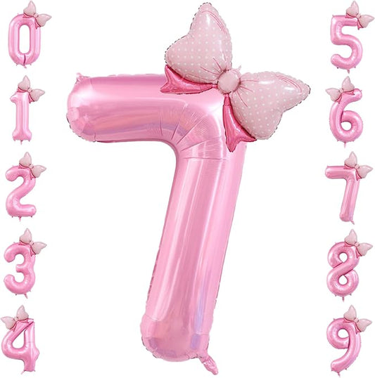 40 inch Number 7 Balloon with Bow Pink Happy Birthday Jumbo Number Balloon for Girls Daughter Birthday Decorations Party Supplies (Number 7)