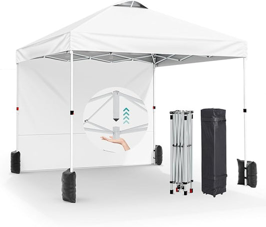 SPECILITE Canopy 10x10 Pop Up, Easy Up Outdoor Tent with Sidewall, PF 50+, Waterproof, Adjustable Sun Shelter with Vented Roof for Party, 1 Wheel Bag, 8 Stakes, 4 Ropes, 4 Sandbags,White