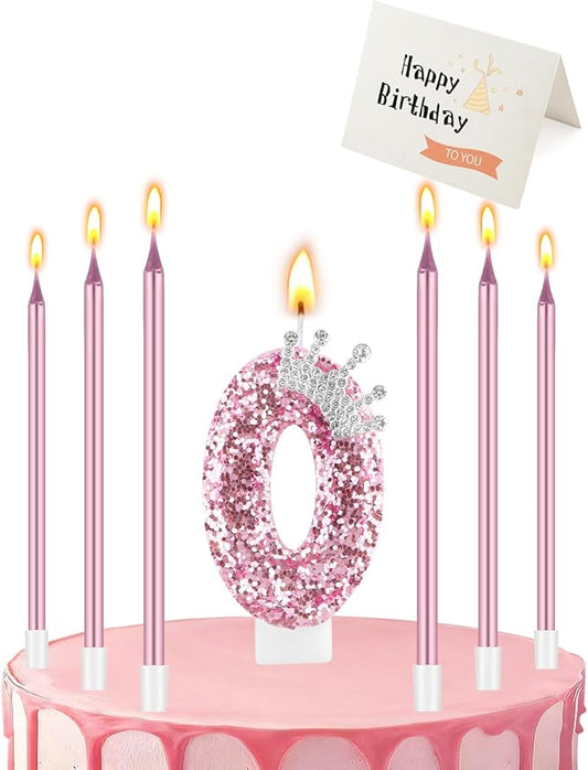 Birthday Candles for Cake, Pink Number Candles, Cake Candles with Greeting Card for Birthday Party Wedding Anniversary Celebrations (0 Candle, Silver Crown)
