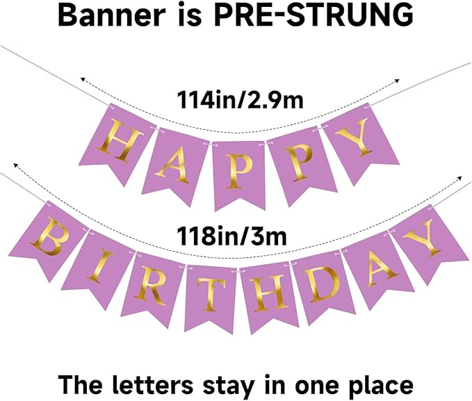 Happy Birthday Banner Birthday Party Banner NO DIY Happy Birthday Sign Pre-Strung Birthday Hanging Decoration for Women Men Girl Boy Party Supplies (Purple and Gold)