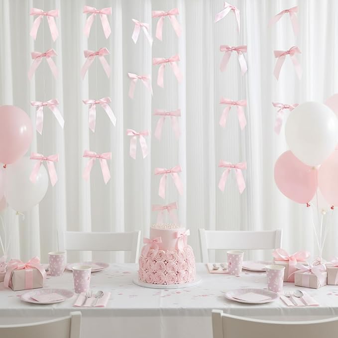 Taobary 8 Pcs 6.6 ft Bow Garland, Satin Ribbon Bow Banner Coquette Hanging Ornament for Photo Backdrop Birthday Party Wedding Bridal Baby Shower Wall Decorations(Pink,1 Inch)
