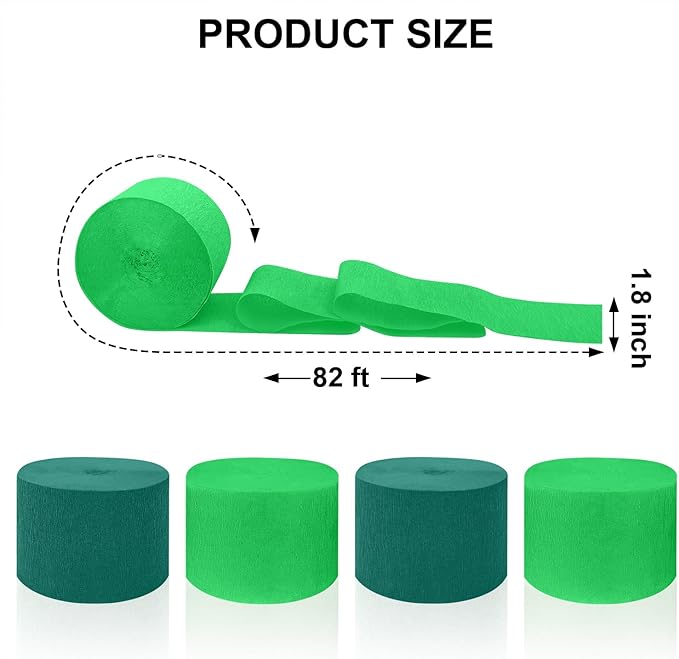 4 Crepe Paper Streamers Rolls, 328ft Pack of Green and Dark Green Crepe Paper for Birthday Wedding Baby Bridal Shower Decorations Christmas Craft Supplies (1.8 inch x 82 ft/Roll)