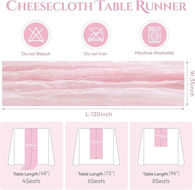 Sioloc 5 Pack Light Pink Cheesecloth Table Runner 120'' x 35'',Spring Easter Decor Soft Gauze Boho Wedding Table Decor for 10ft Table Birthday Party,Baby Shower, Bridal Shower, Home & Event Decor