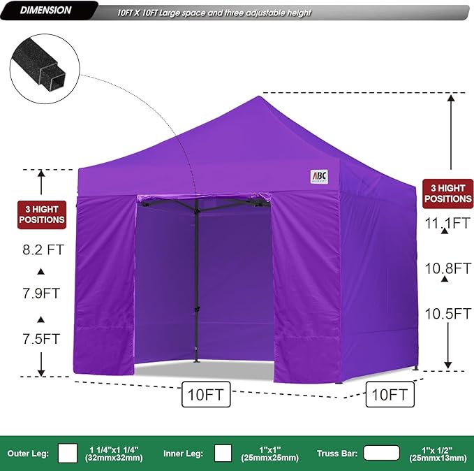 ABCCANOPY Heavy Duty Easy Pop up Canopy Tent with Sidewalls 10x10, Purple