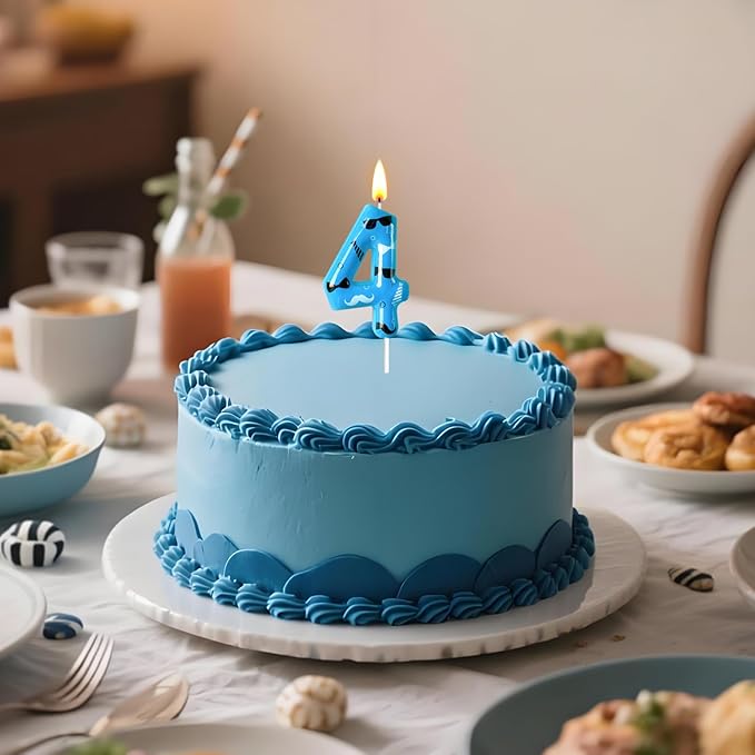 Number 4 Birthday Candle for Cake – Blue Gentleman Style with Sunglasses, Bow Tie & Mustache Design – Cool Cake Topper for Birthday Party Decoration