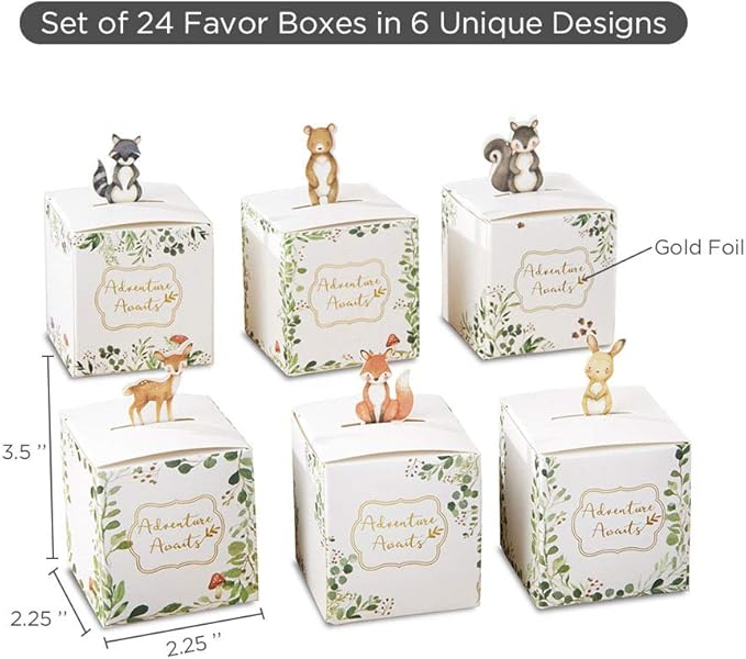 Kate Aspen Woodland Baby Shower Decorations - Adorable Woodland Animal Party Favor Boxes for Baby Showers, Birthdays, and Gender Reveals - Pack of 24