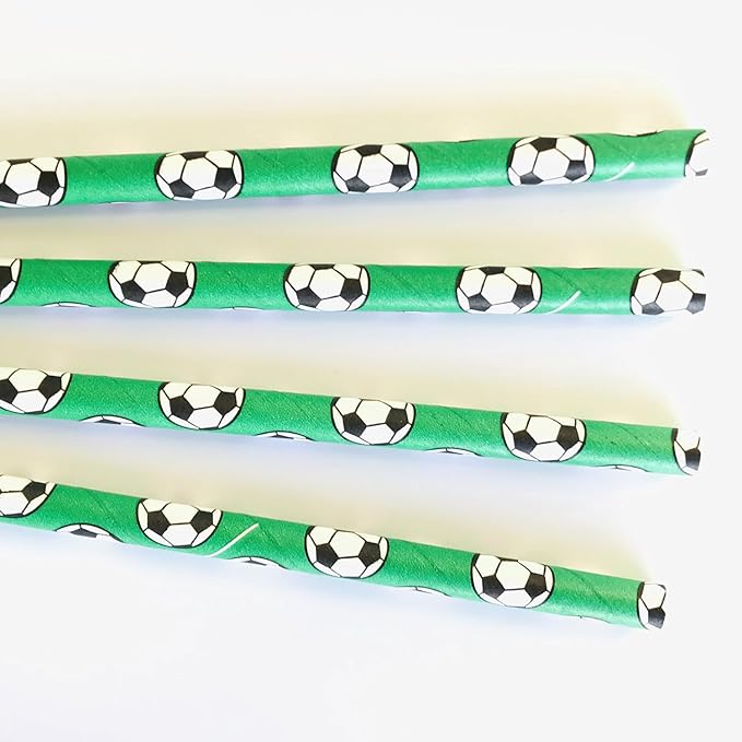 100 pcs Sports Party Paper Straws, Green Black White Soccer Football Bar Soda Juice Drinking Straws, Kids Boy Birthday Baby Shower Game Day World Cup Ball Cake Pop Sticks (Green With Soccer)