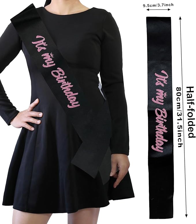 It's My Birthday Sash Black with Glitter Pink Letters Happy Birthday Sash for Women Girl Bday Gift Ideas Party Favors