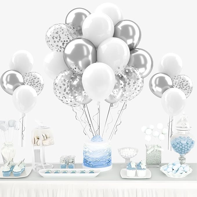Patimate White and Silver Balloons Set, 50 pcs 12 inch Metallic Silver White Confetti Latex Balloons Kit for Birthday Wedding Anniversary Baby Shower Party Decorations