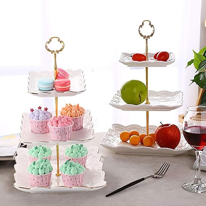 Sumerflos 3-Tier Square Porcelain Cake Stand, White Rimmed with Gold Embossed Cupcake Dessert Stand - Tiered Serving Tray for Tea Party and Show