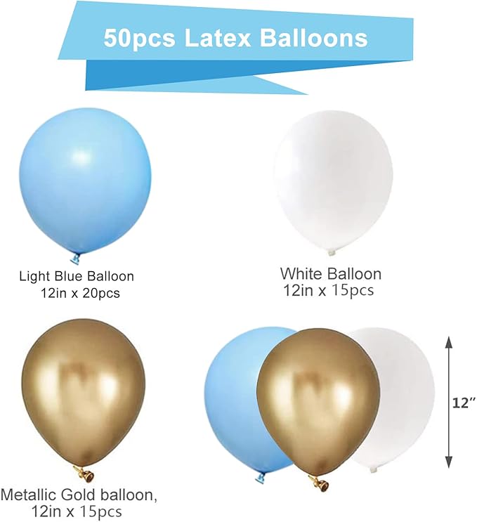 Blue Gold White Latex Balloons, 50 Pack 12 Inches light Blue Balloons Helium Balloons for Boys Baby Shower Birthday Bridal Shower Wedding Party Decorations Supplies