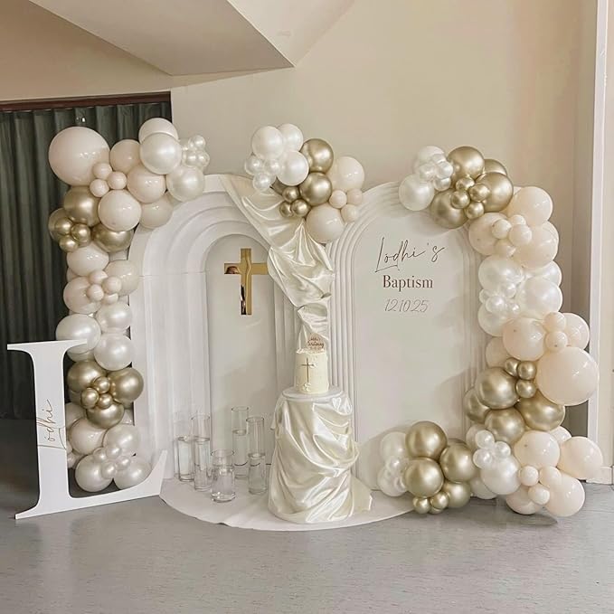 First Communion Balloon Garland Kit 153Pcs, Baptism Balloon, White Sand Gold Nude Bautizo Balloons Arch Kit for First Holy Communion Baptism God Bless Christening Party Birthday Supplies