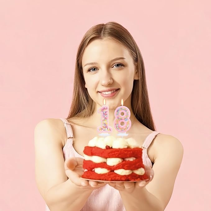Birthday Candles - Number 18 Candle, Colorful Macaron Candles, 18 Year Old Birthday Decorations, Cake Decorations, Sweet Theme Party Supplies (Pink)