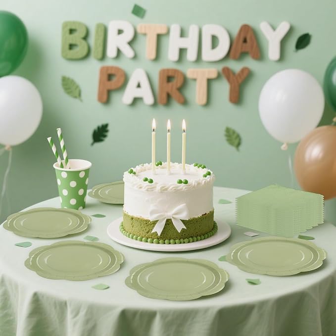 75 PCS Sage Green Paper Plates and Napkins Party Supplies, Green Scalloped Plates Napkins Forks Disposable Tableware Set for Bridal Baby Shower Wedding Birthday Party Decorations