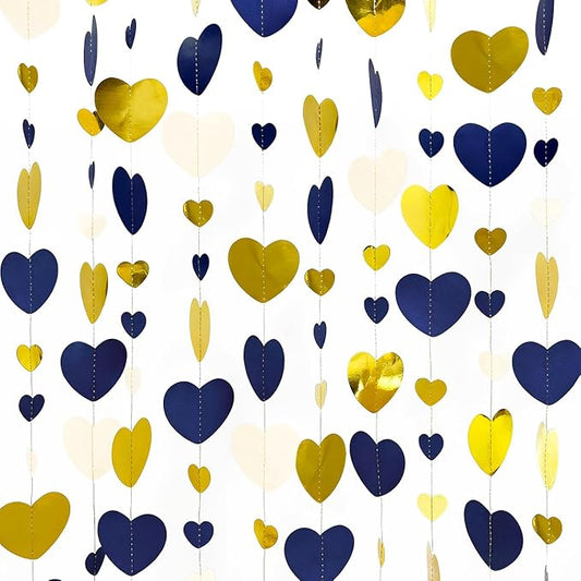 52Ft Valentines Day Party Decorations Navy Blue Gold Love Heart Garland Royal Blue Gold Hanging Streamer Banner for Anniversary Mothers Day Bachelorette Engagement Wedding Bridal Shower Birthday Party