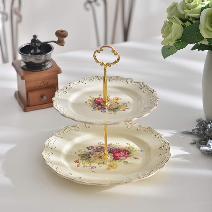 YOLIFE Flowering Shrubs 3 Tiered Cupcake Stand, Emboss Golden Leaves Edge Pastry Tower, 6-8-10 inch