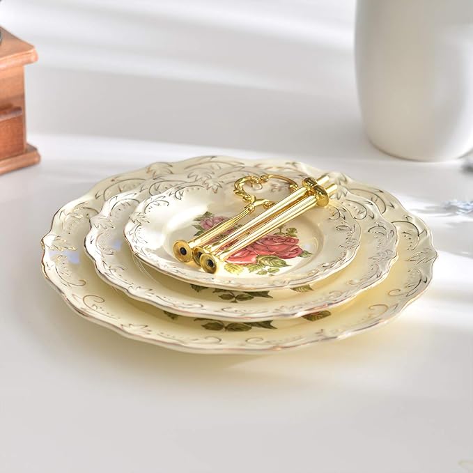 YOLIFE Red Rose Pattern 3 Tiered CupCake Stand, Emboss Golden Leaves Edge Porcelain 3 Tier Pastry Desert Fruit Stand