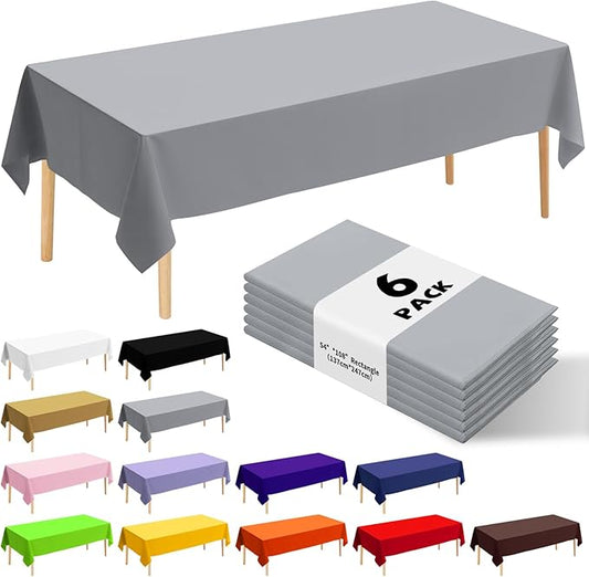 6 Pack Premium Disposable Plastic Tablecloth 54" x 108" Party Table Cloths Disposable for 6 to 8 Foot Tables Indoor or Outdoor Birthdays Weddings Christmas Anniversary Buffet Table (Silver grey)