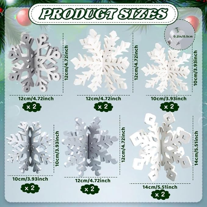 OuMuaMua 12 Set Winter Christmas Centerpiece Table Decorations - 24pcs Wooden Snowflakes Decor 3D Silver White Snowflake Tabletop Decor for Xmas Holiday Tiered Tray Winter Farmhouse Home Decor